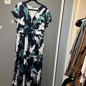 XL Palm Leaf Navy Blue Maxi Dress WITH POCKETS!